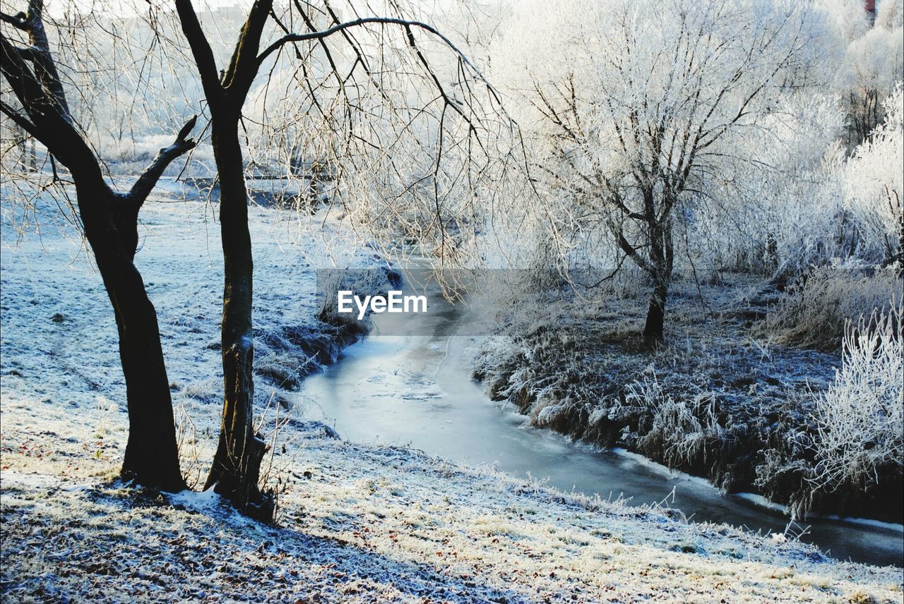 Frozen river amidst snowy landscape