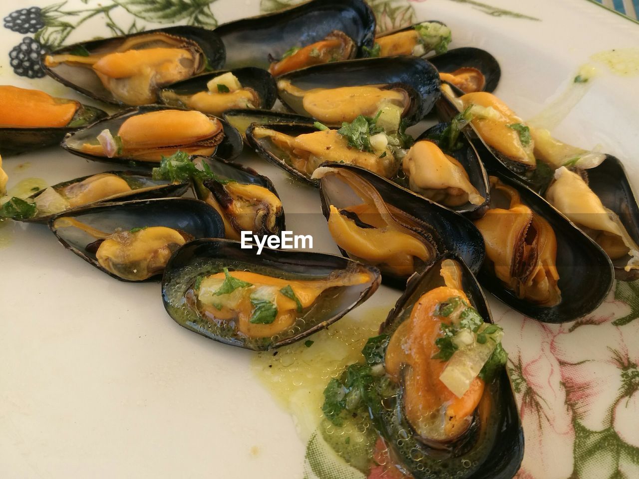 High angle view of mussels in plate