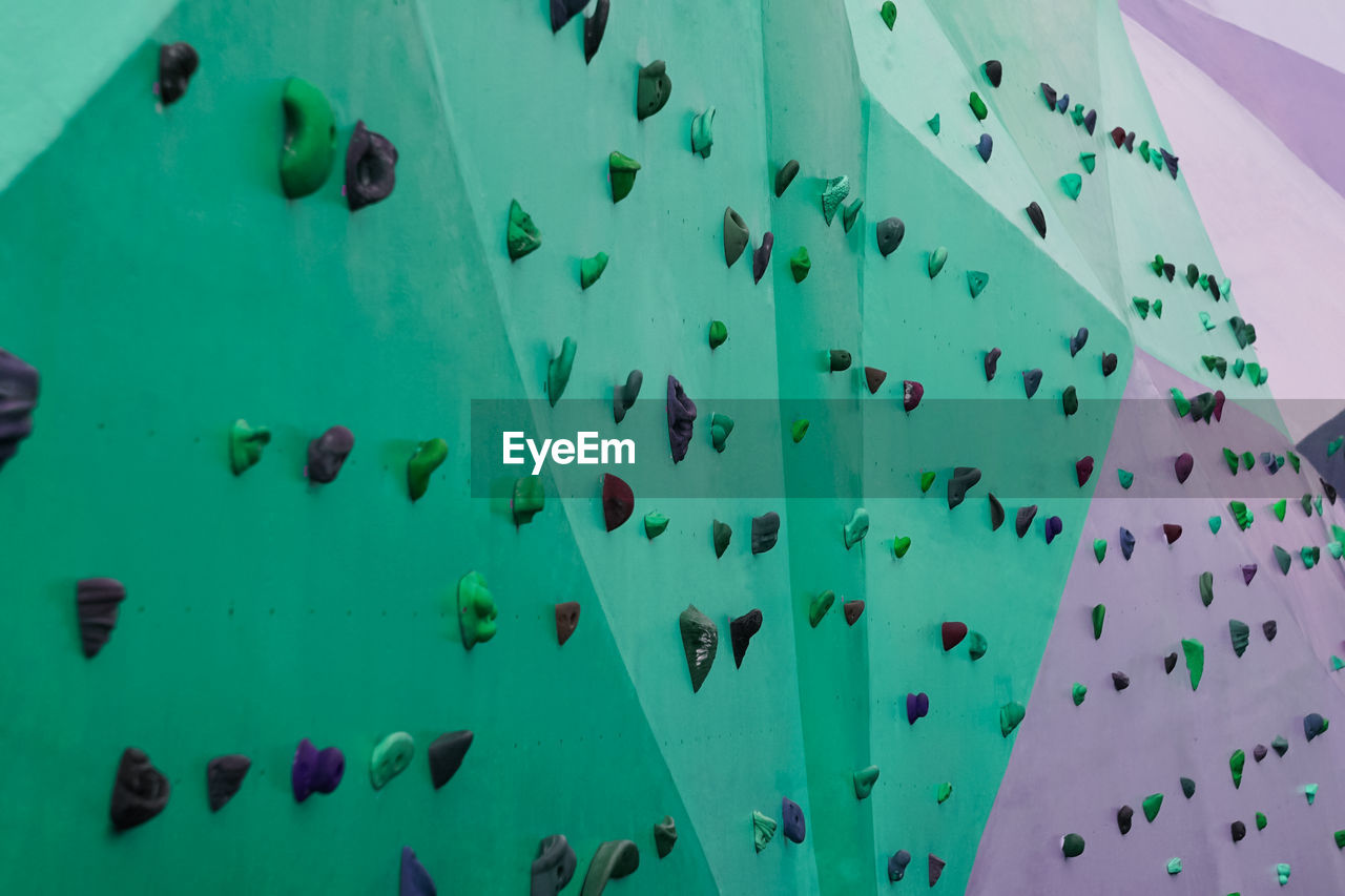 green, blue, sports, line, no people, low angle view, climbing wall