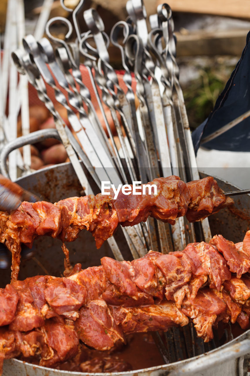 CLOSE-UP OF MEAT ON BARBECUE