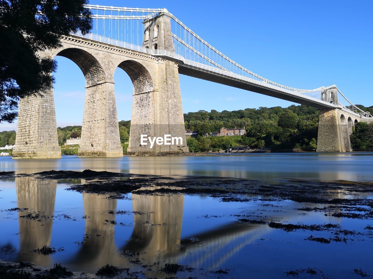 architecture, bridge, water, built structure, reflection, landmark, sky, nature, river, travel destinations, blue, arch, transportation, clear sky, tree, no people, plant, city, travel, day, outdoors, building exterior, tourism, arch bridge, architectural column, landscape, history, environment, the past, waterfront