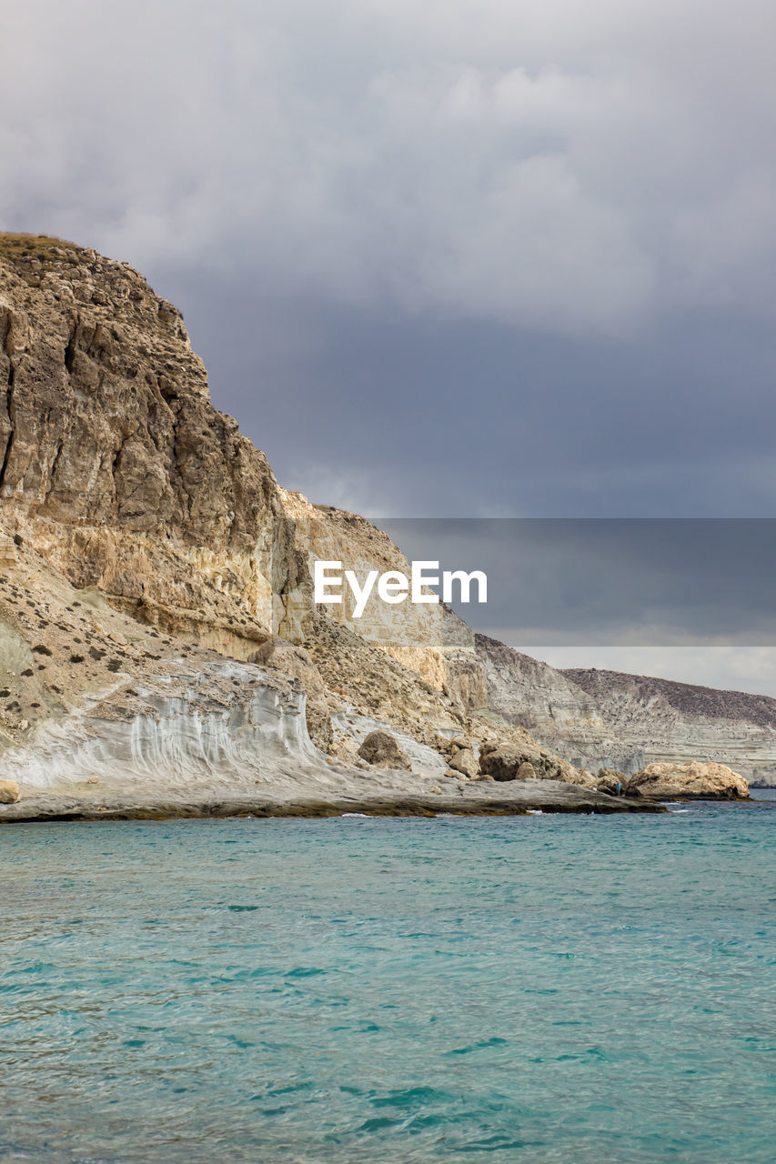 Scenic view of sea by rock formation against sky