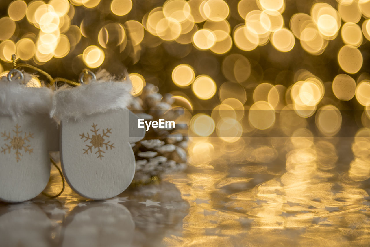 Close-up of christmas decoration at night