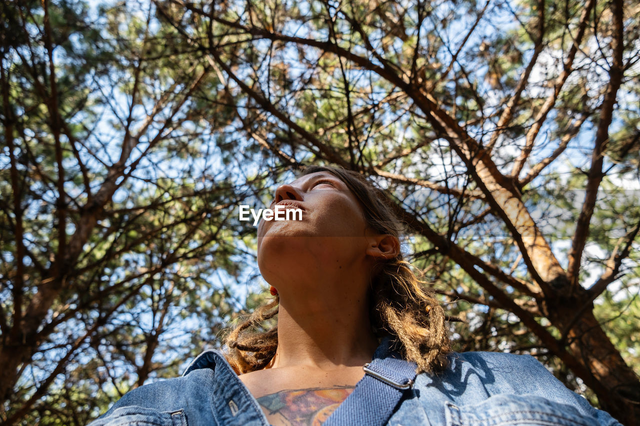 Woman looking up through the trees in the summery forest.