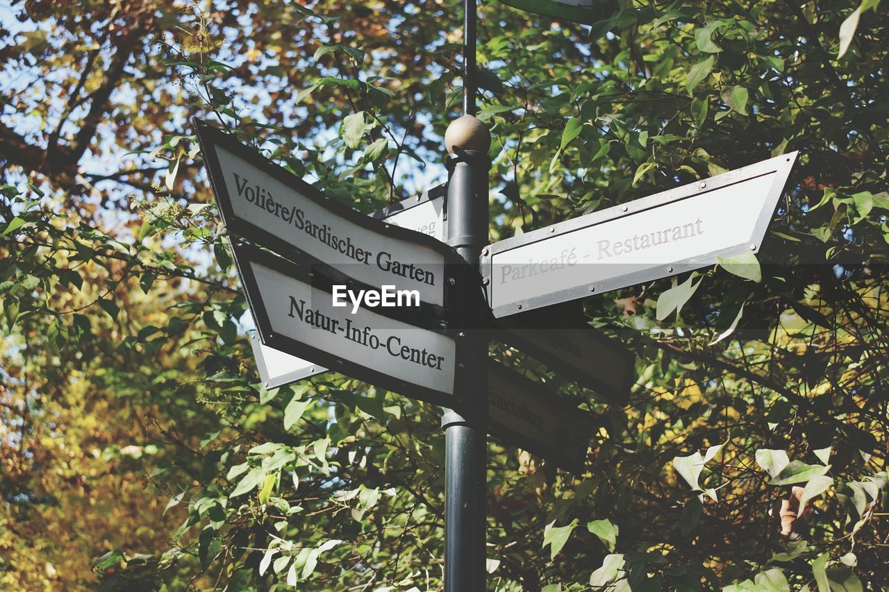 Low angle view of information sign against trees