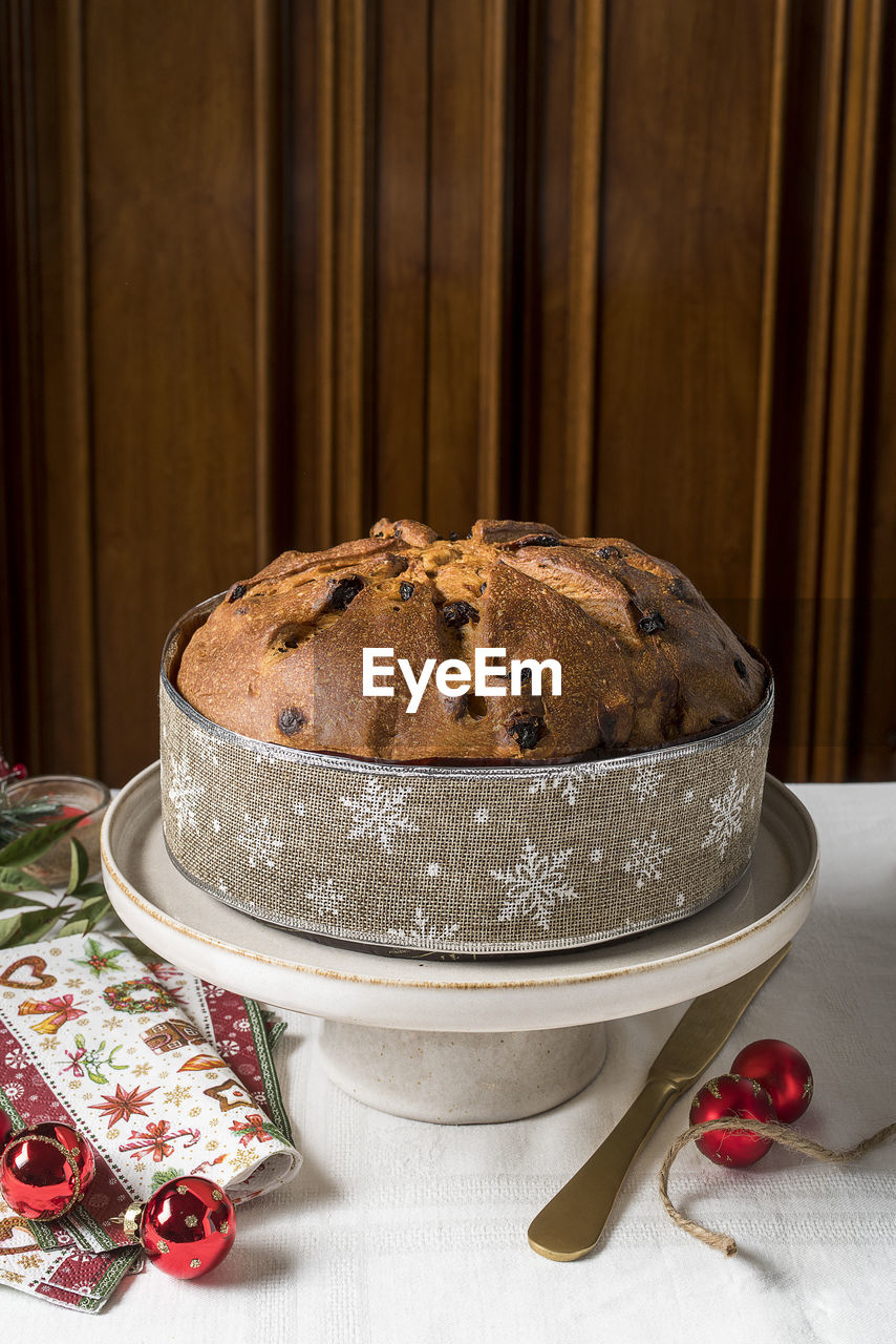 Front view of panettone, typical italian christmas cake. 