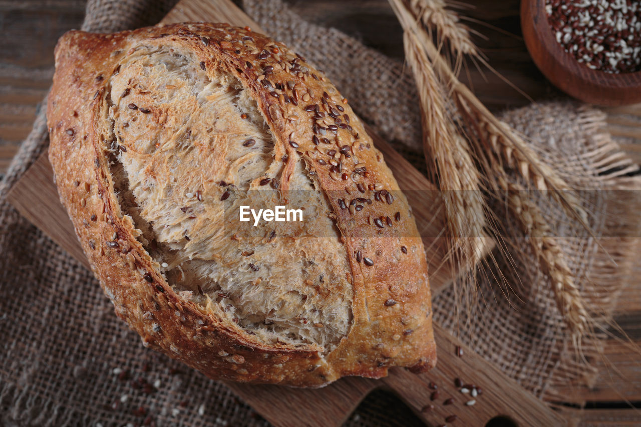 Fresh baked whole grain bread with flax seeds