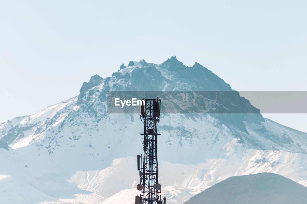 Scenic view of snowcapped mountains against clear sky