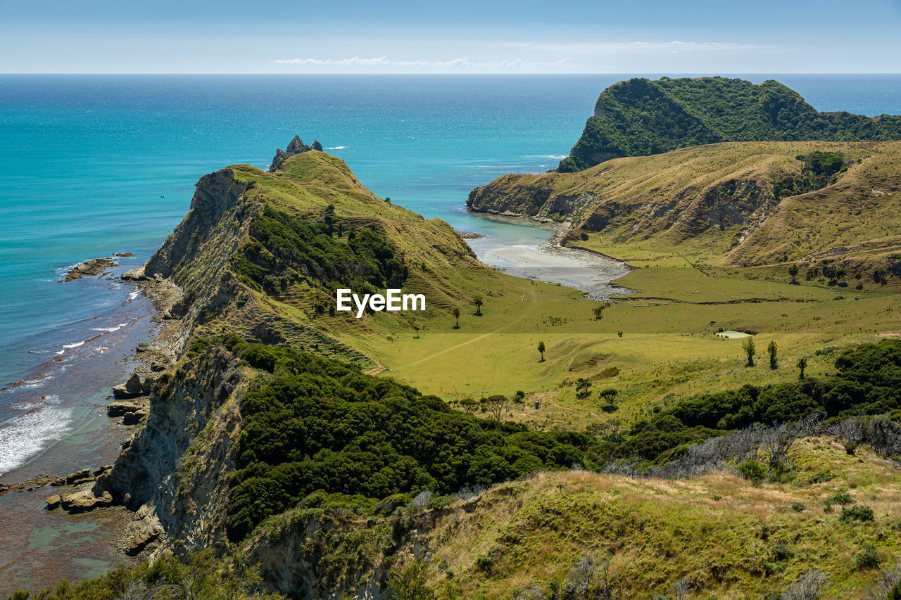 Scenic view from the hill to the cook's cove in tolaga bay.