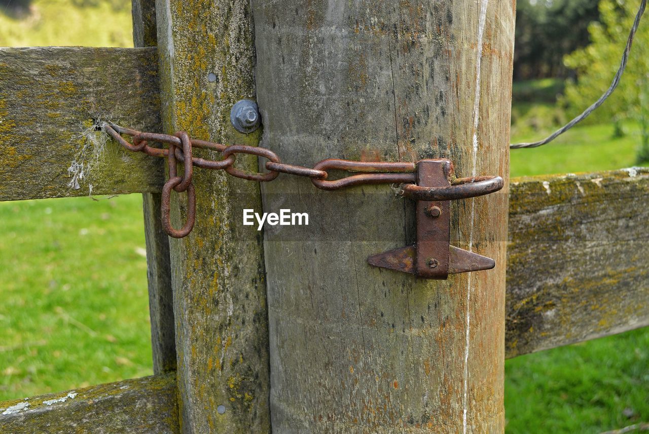 CLOSE-UP OF RUSTY CHAIN ON GATE