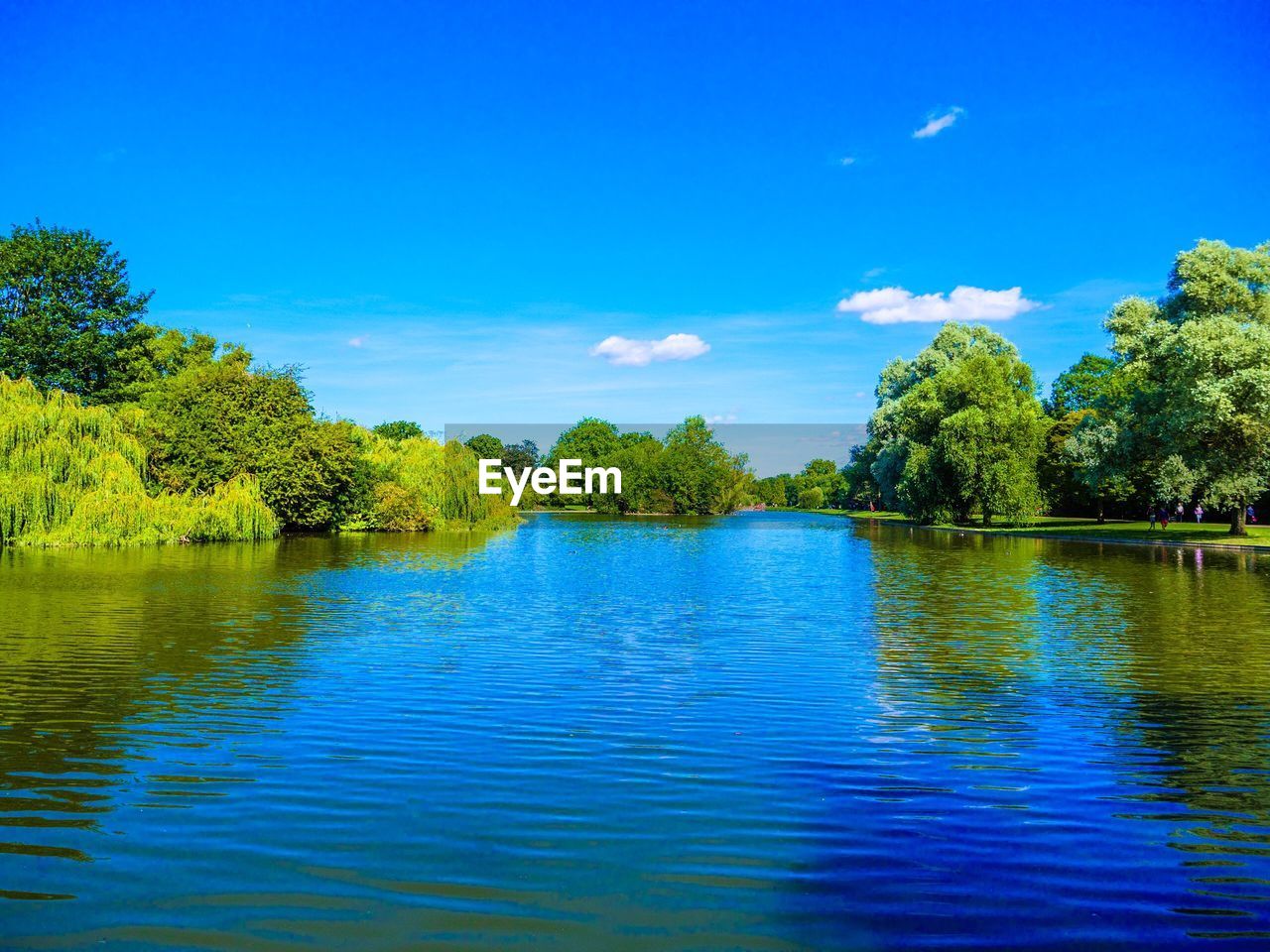 Scenic view of lake against blue sky