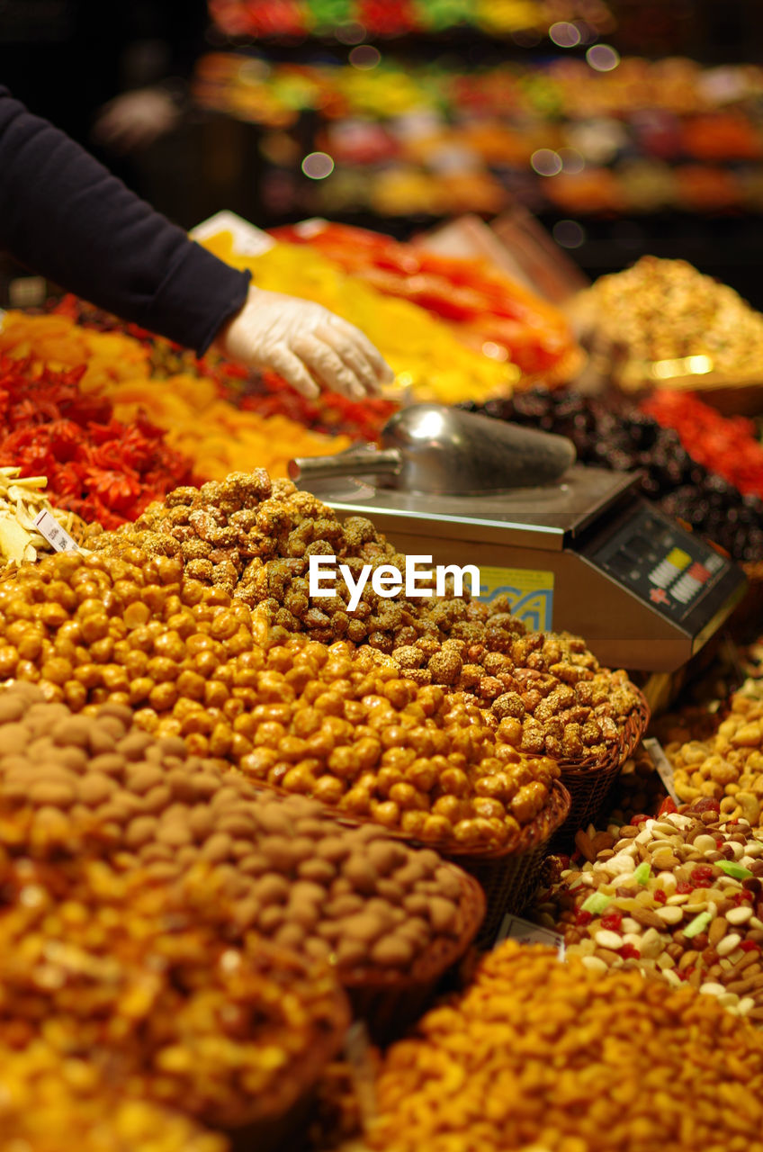 High angle view of dried fruits for sale at market stall