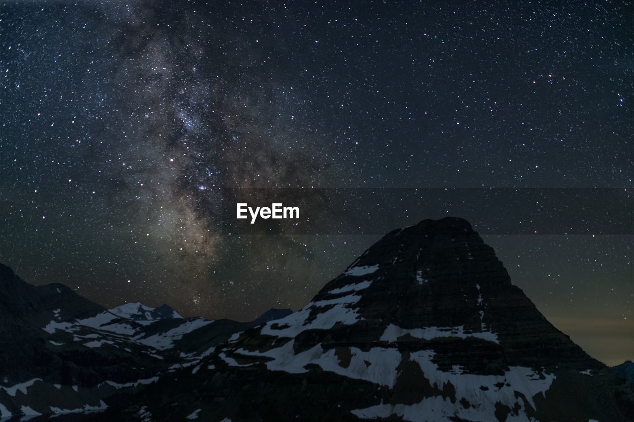 Scenic view of snowcapped mountain against sky during night