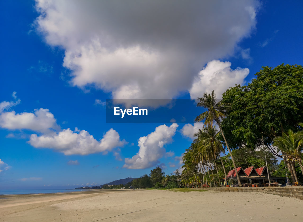 Clear blue water, sand and palm trees. beautiful vacation spot, treatment and aquatics.