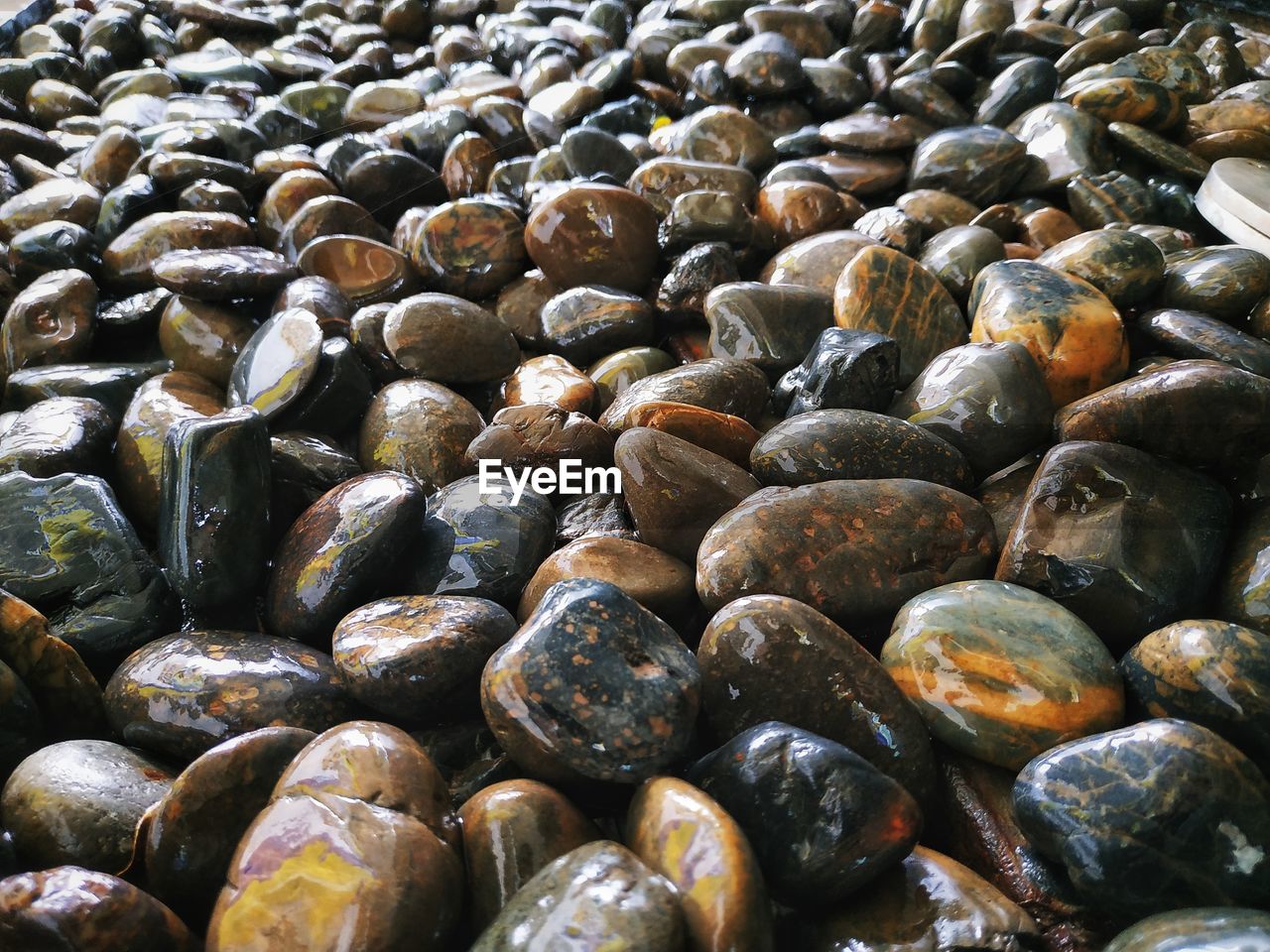 HIGH ANGLE VIEW OF PEBBLES ON STONES