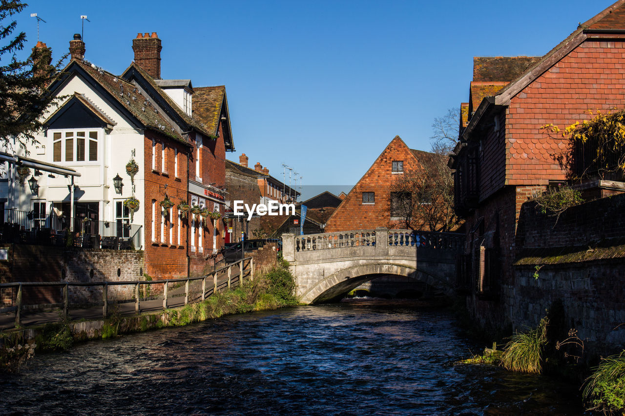 View of houses by river against clear sky