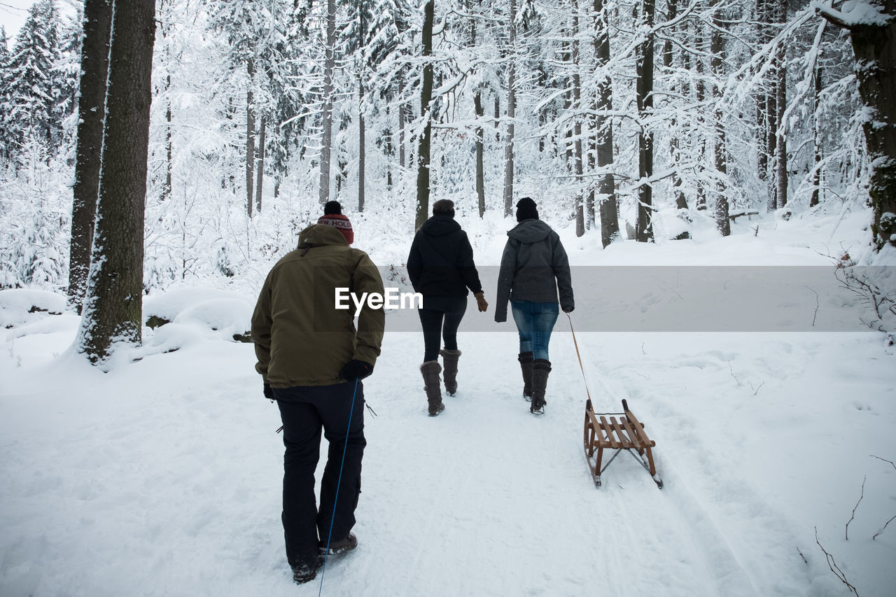 Rear view of people wearing warm clothing walking on snow covered land in forest