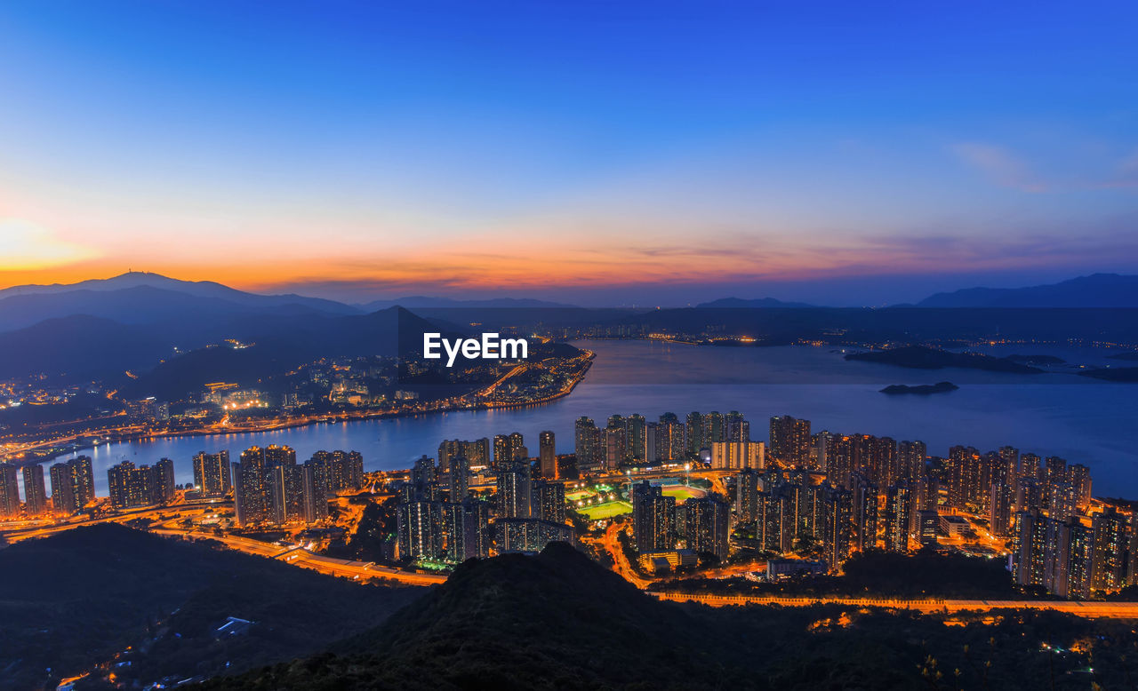 High angle view of hong kong cityscape at night