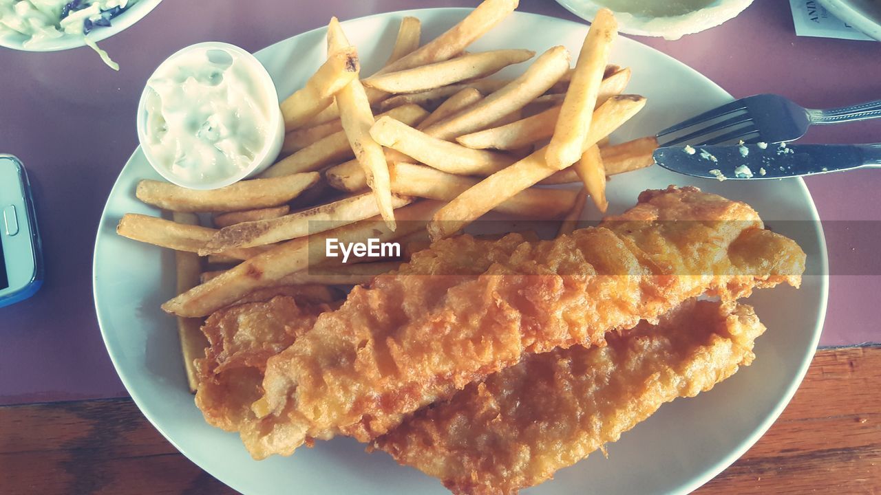 CLOSE-UP OF MEAT AND FRIES