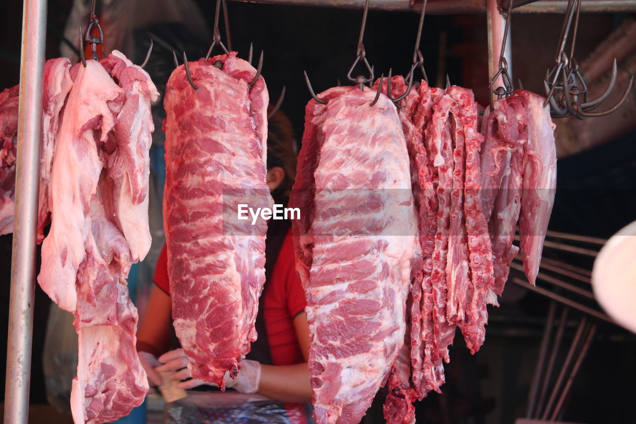 Close-up of meat hanging at market stall