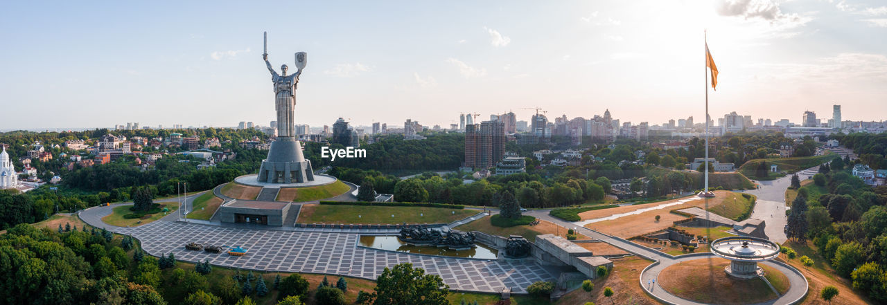 Aerial view of the mother motherland monument in kiev.