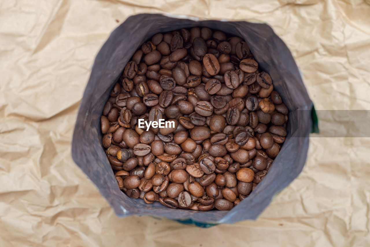 Coffee beans in a bag top view