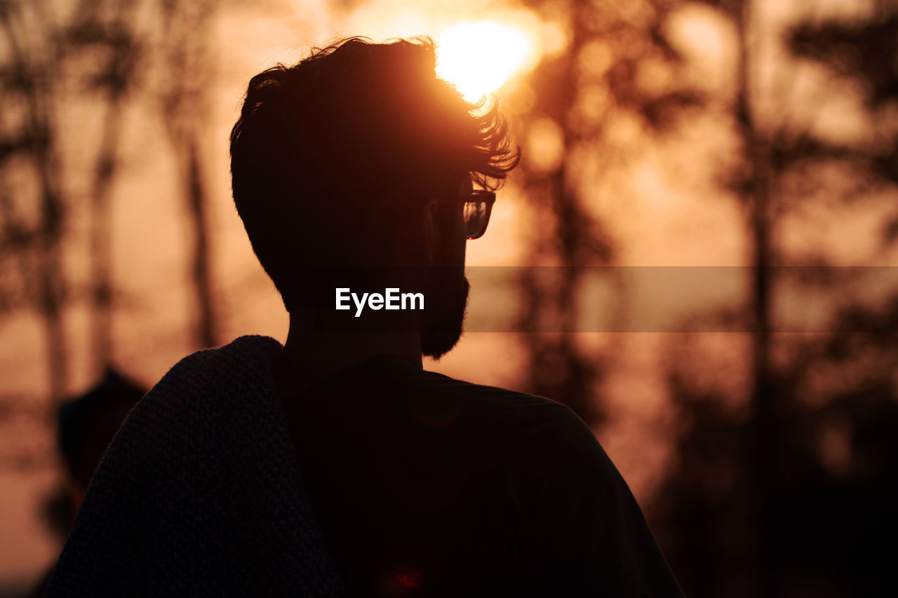 Rear view of man standing in forest during sunset