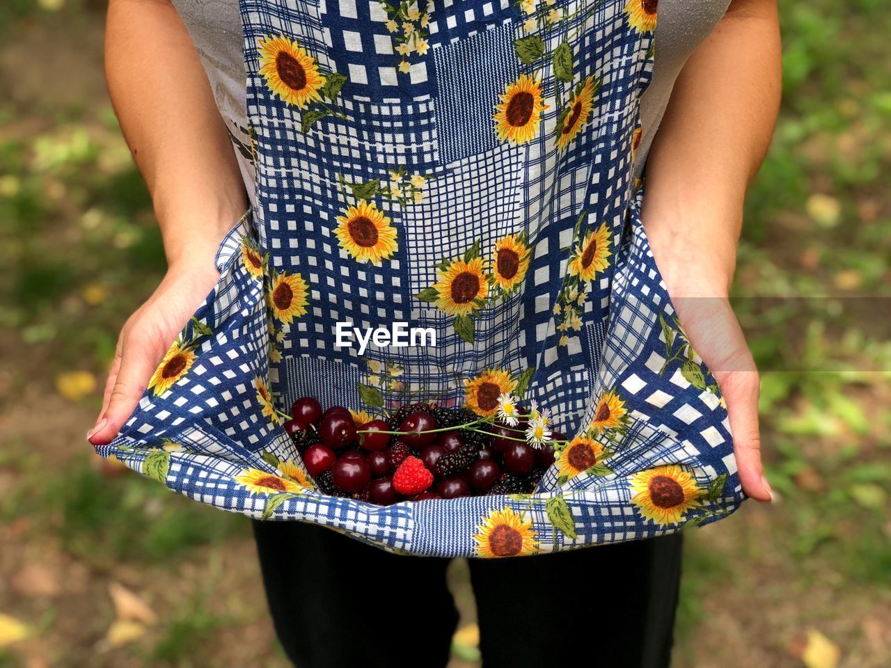 Midsection of woman holding berry fruits in top while standing at farm