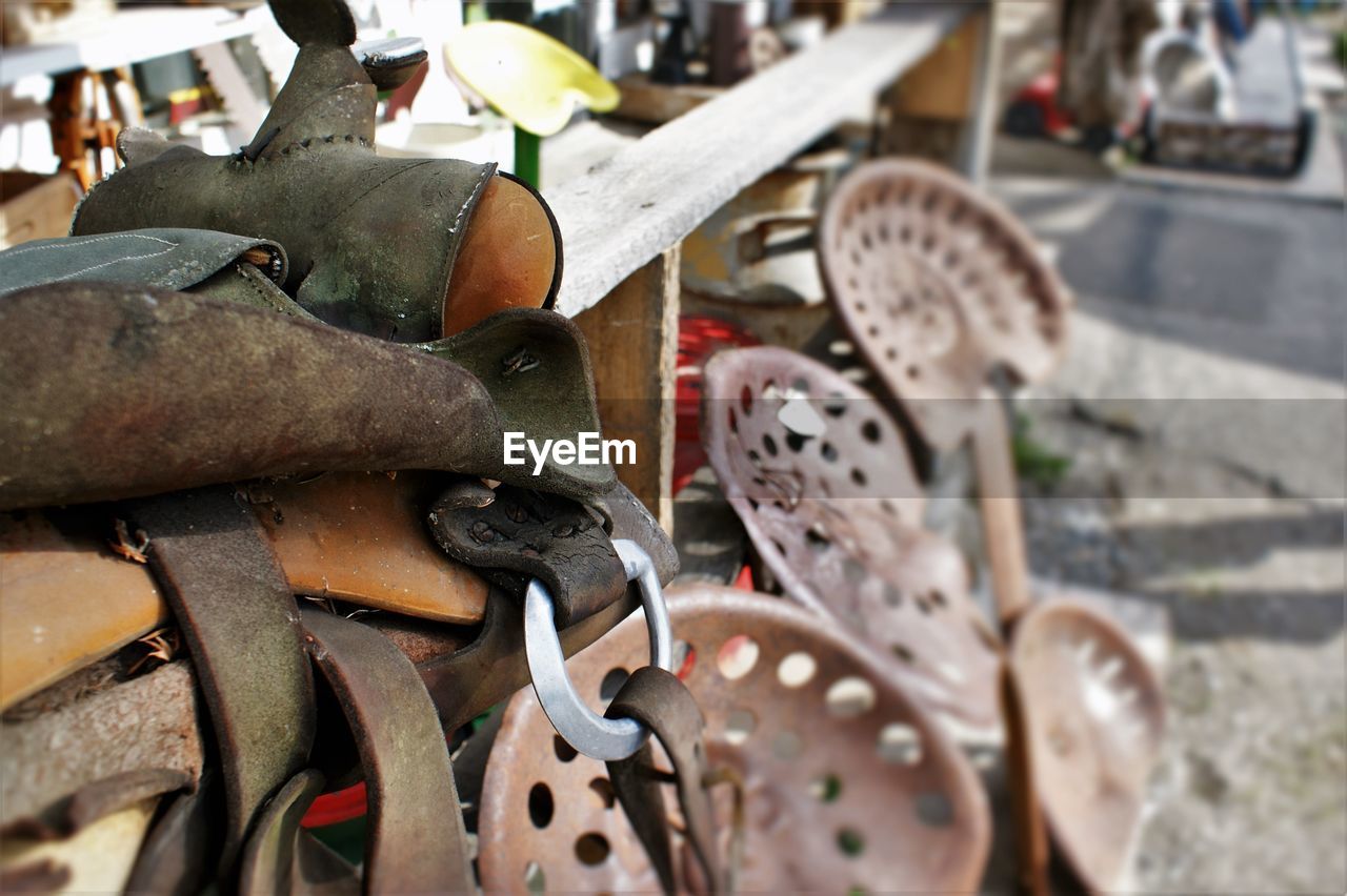 Close-up of objects in antique shop