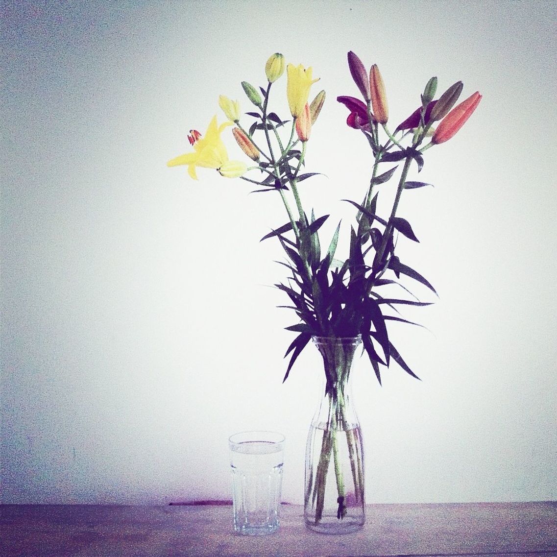 Water glass and flower vase on table
