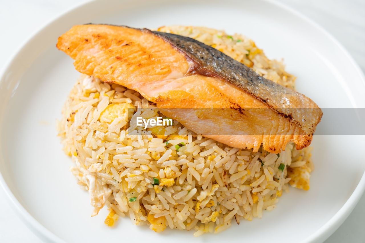 food, food and drink, healthy eating, fish, plate, wellbeing, meal, freshness, rice - food staple, dish, seafood, vegetable, produce, meat, fried rice, no people, animal, rice, cuisine, indoors, asian food, close-up, dinner, fried