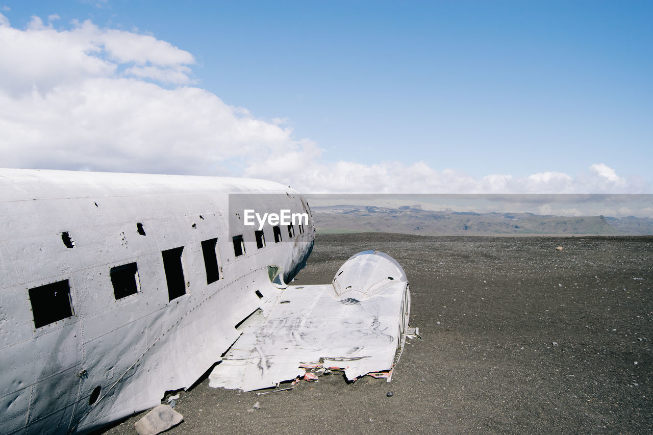 View of plane wreckage in mountans