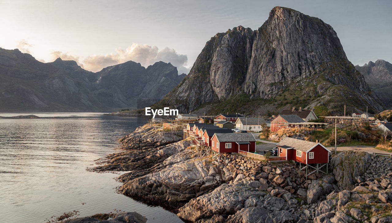 View over fishing houses called rorbu in reine, a small village on lofoten islands in norway.