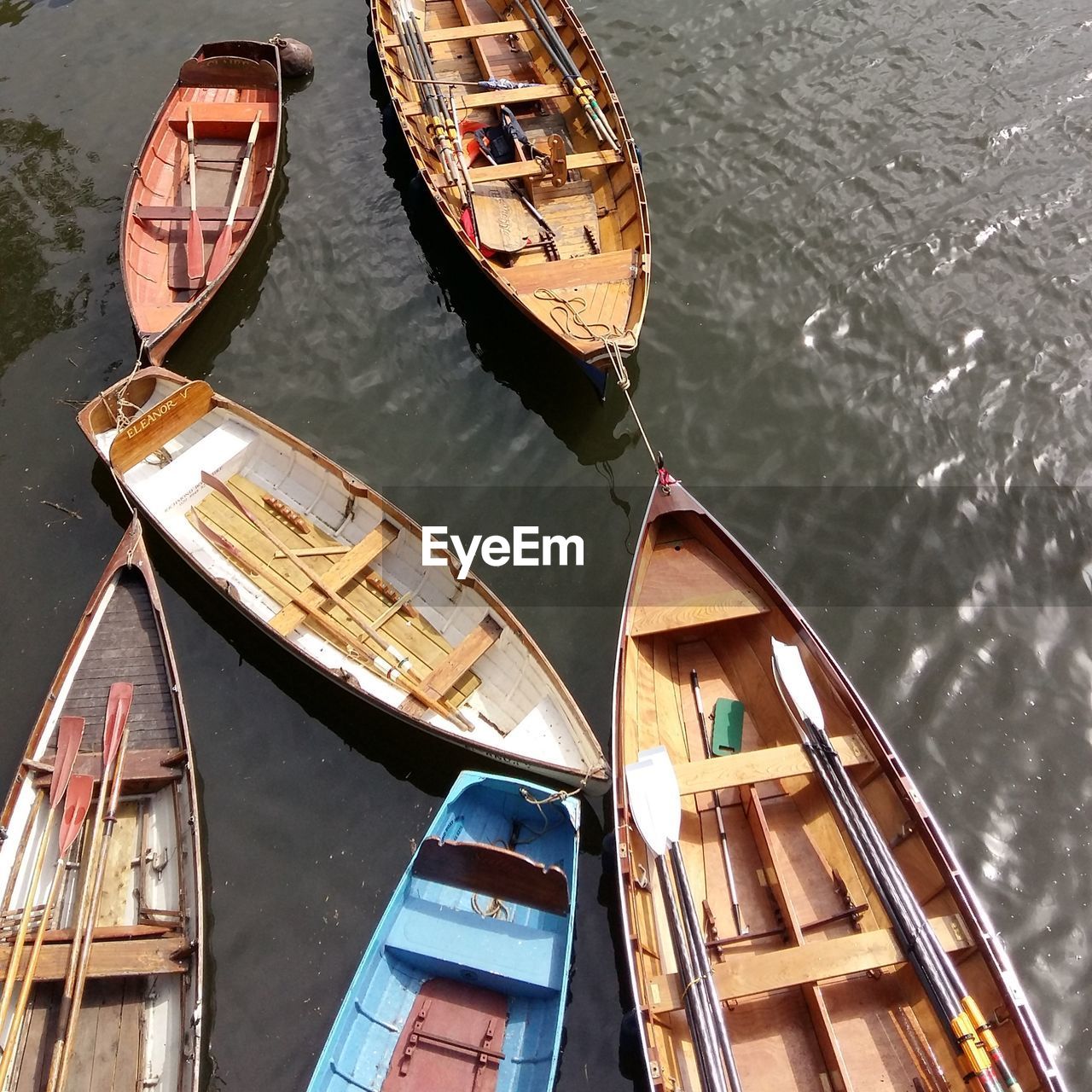 High angle view of boats moored in lake