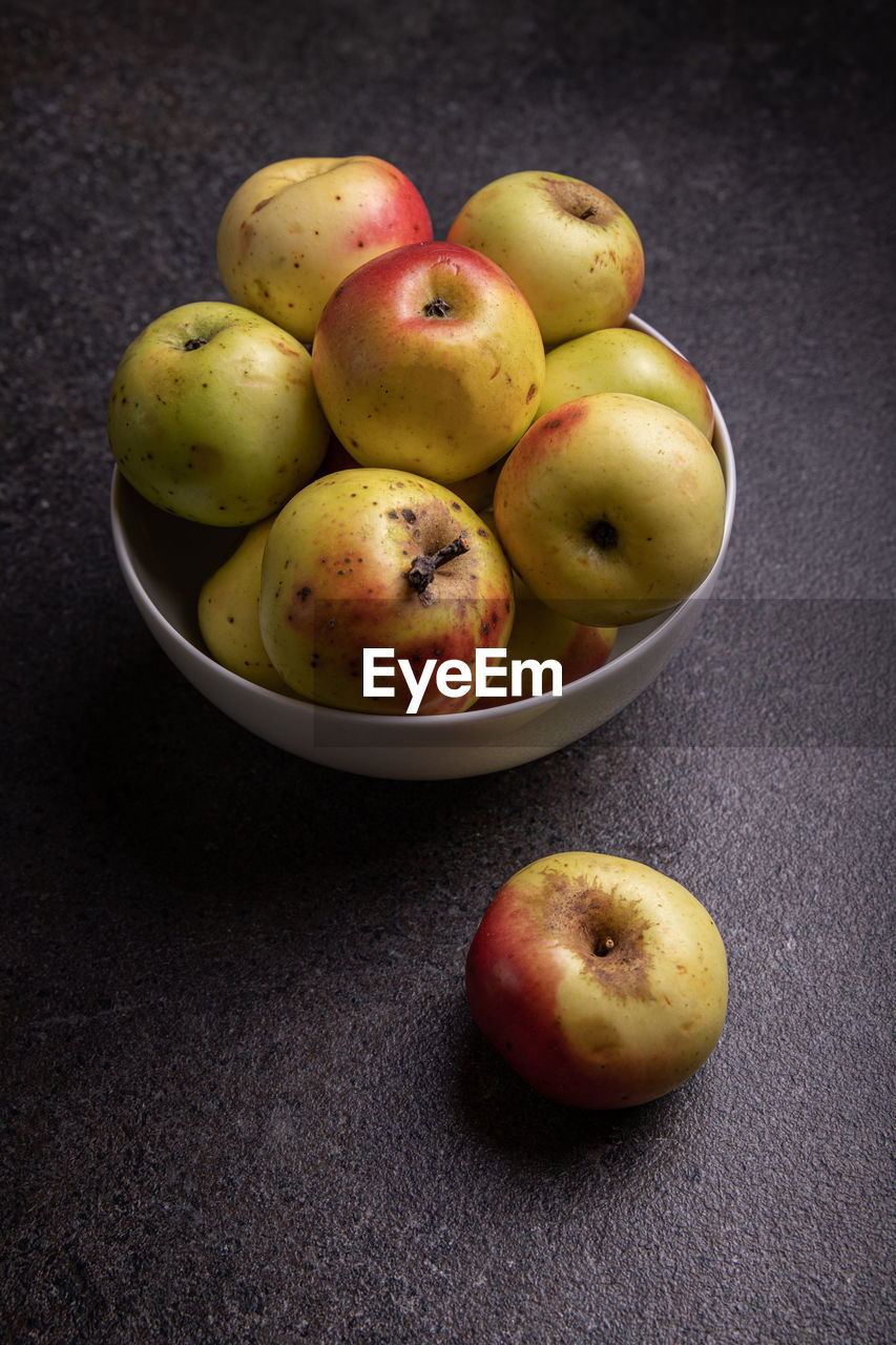 High angle view of apples in bowl