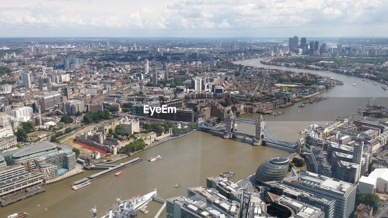 Aerial view of london cityscape against cloudy sky