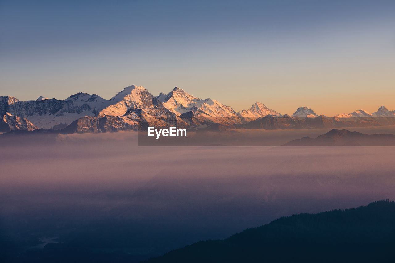 Panorama of snowcapped mountain range. view from pilatus mountain, luzern, switzerland