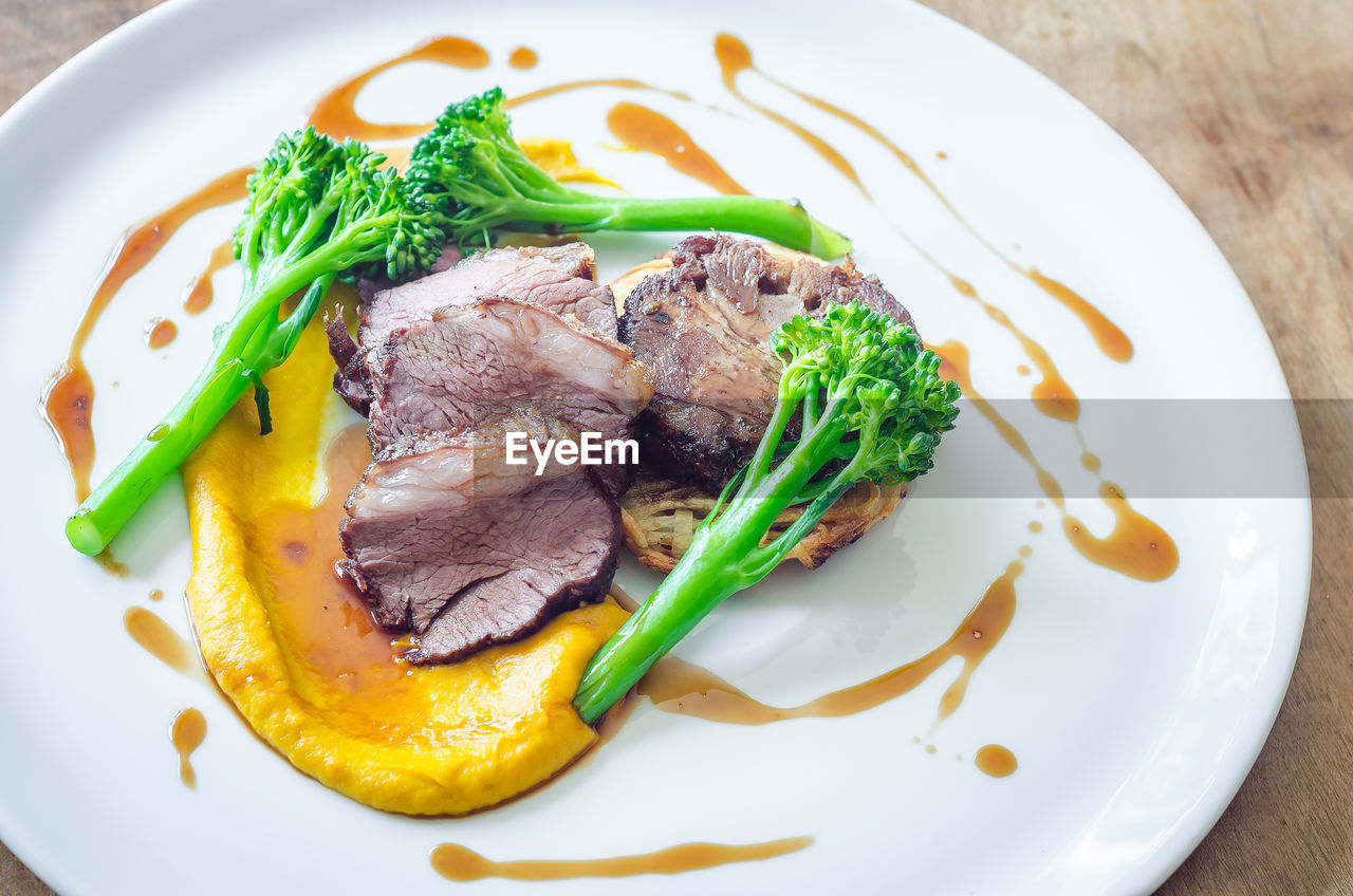 High angle view of meat served in plate