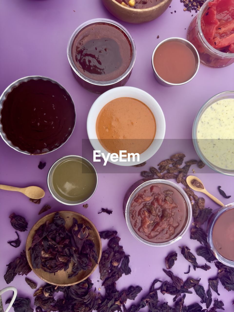 food and drink, food, variation, high angle view, indoors, bowl, no people, dessert, wellbeing, healthy eating, freshness, still life, ingredient, purple, directly above, multi colored, studio shot, table, drink
