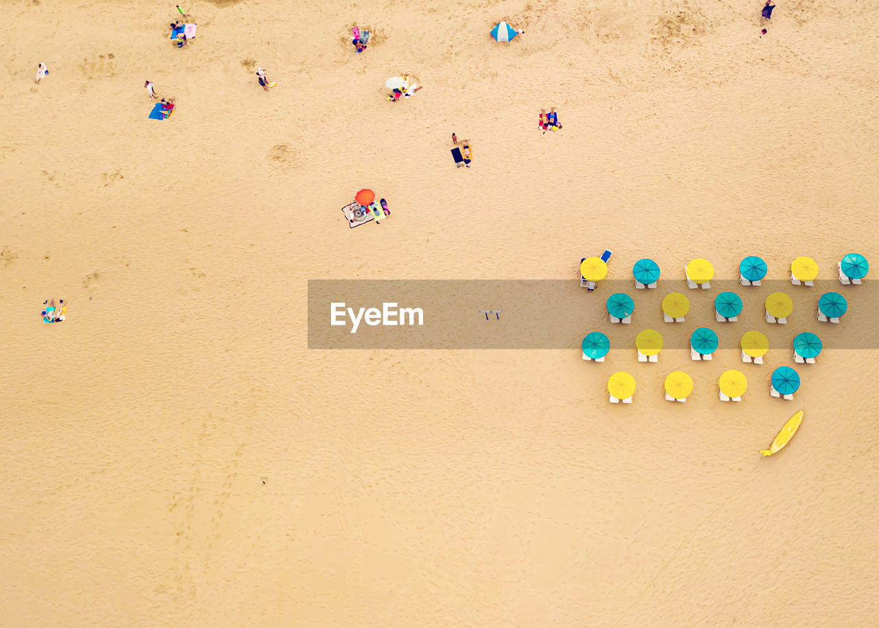 High angle view of umbrellas on beach