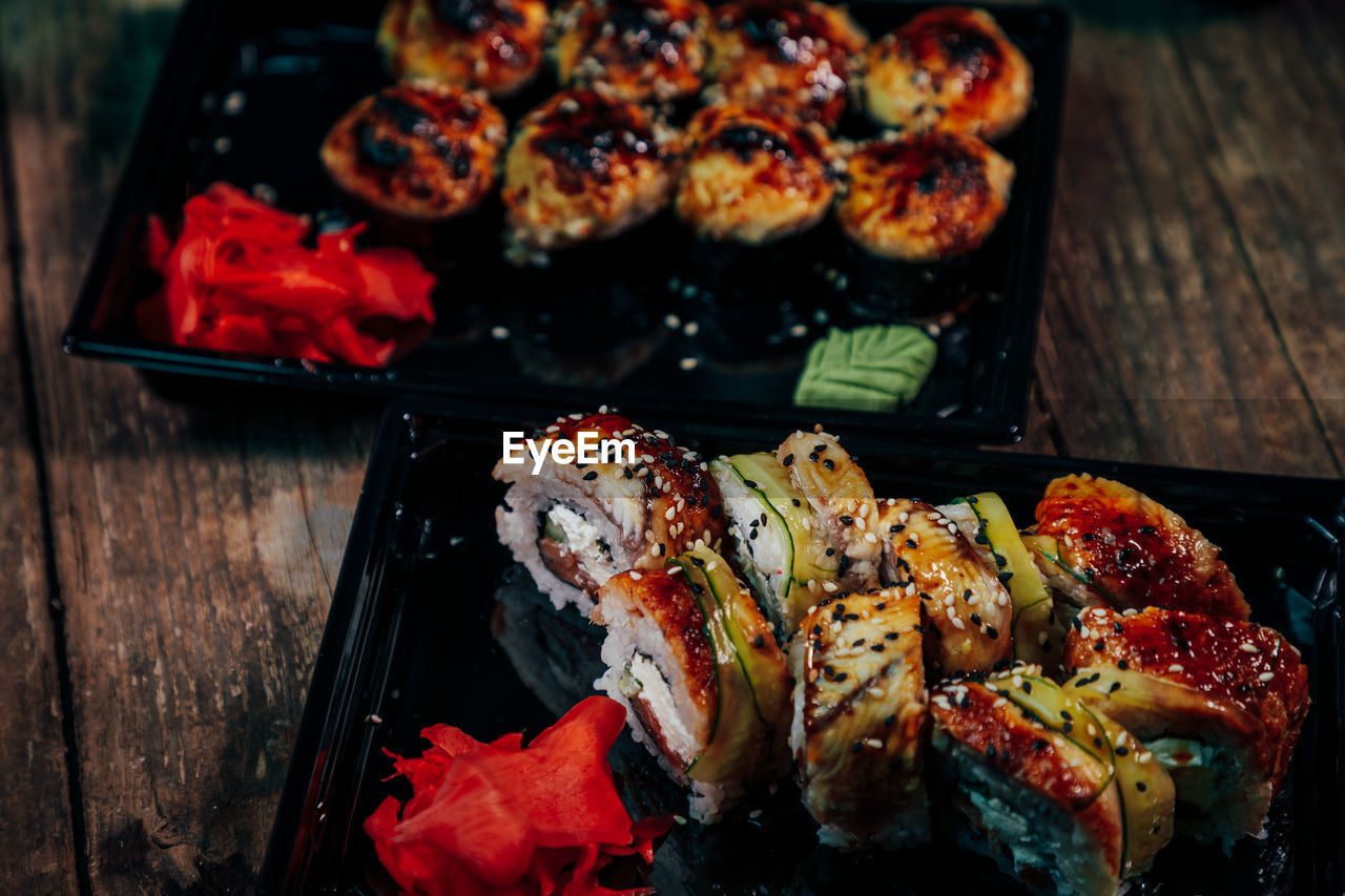 HIGH ANGLE VIEW OF MEAT ON TABLE