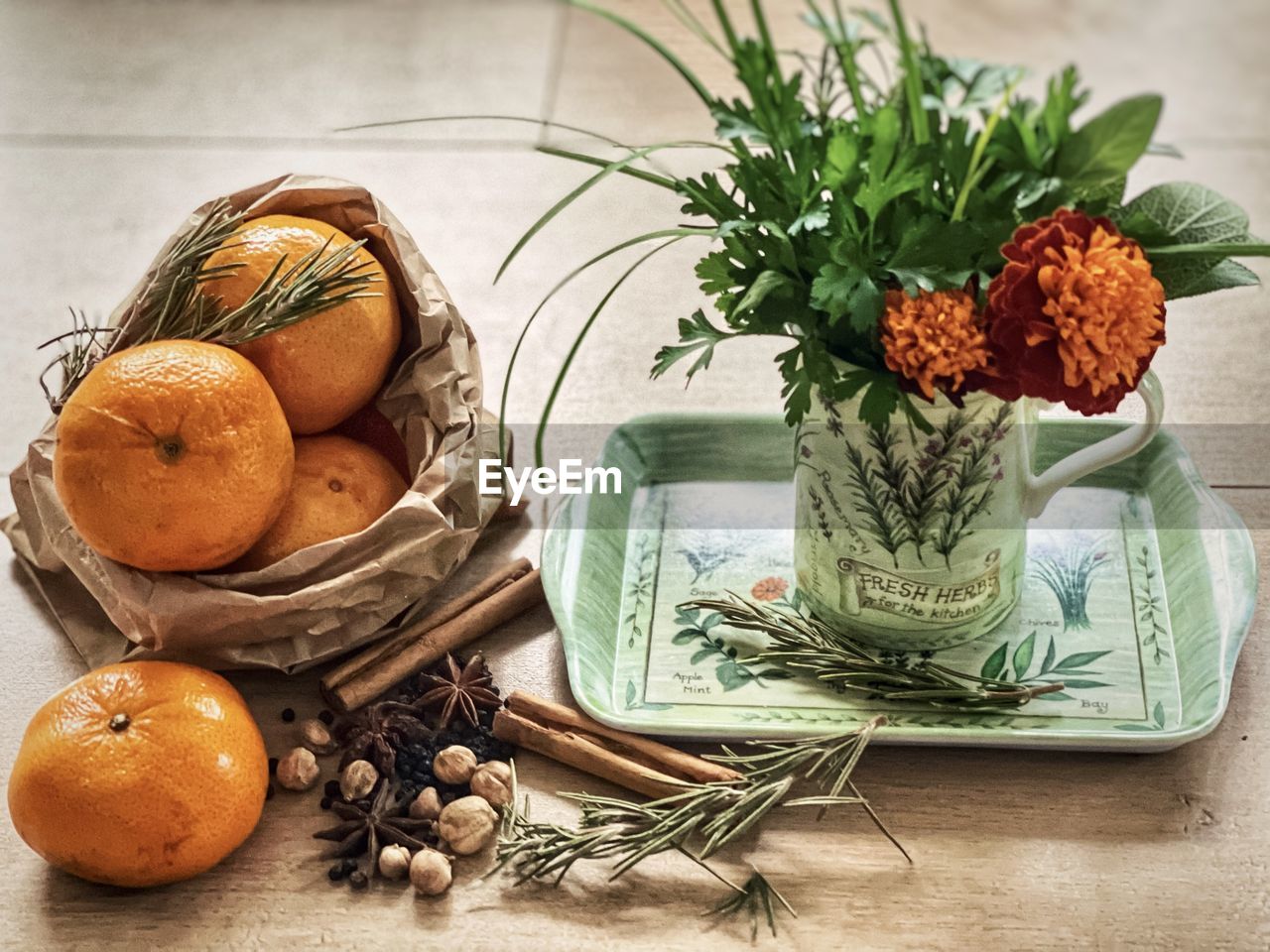 food and drink, food, healthy eating, plant, freshness, wellbeing, still life photography, container, still life, indoors, no people, herb, nature, fruit, table, ingredient, vegetable, painting, basket, plant part, spice, leaf, orange color, rustic, wood, studio shot, rosemary, organic, citrus fruit, flower, egg, produce, floristry