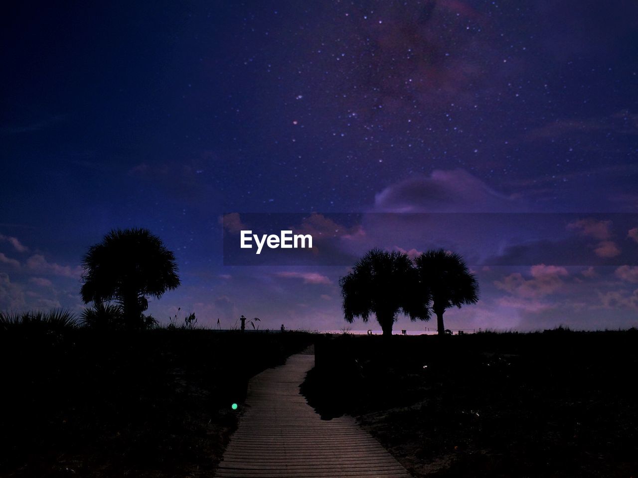 Footpath on silhouette field against sky at night