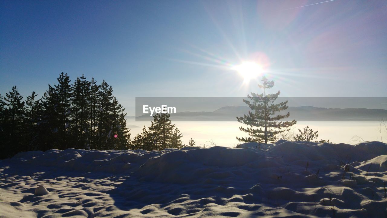 Scenic view of landscape against sky during winter