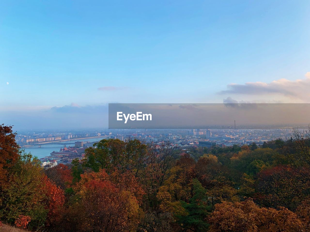 High angle view of cityscape against sky during autumn