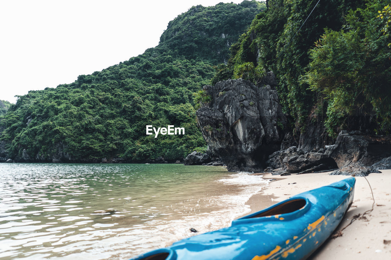 SCENIC VIEW OF SEA AGAINST TREES AND MOUNTAINS