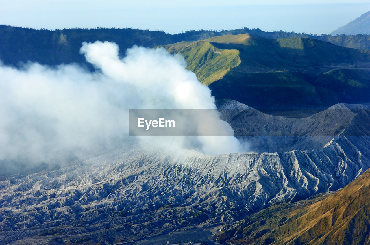 High angle view of steam emitting from mt bromo