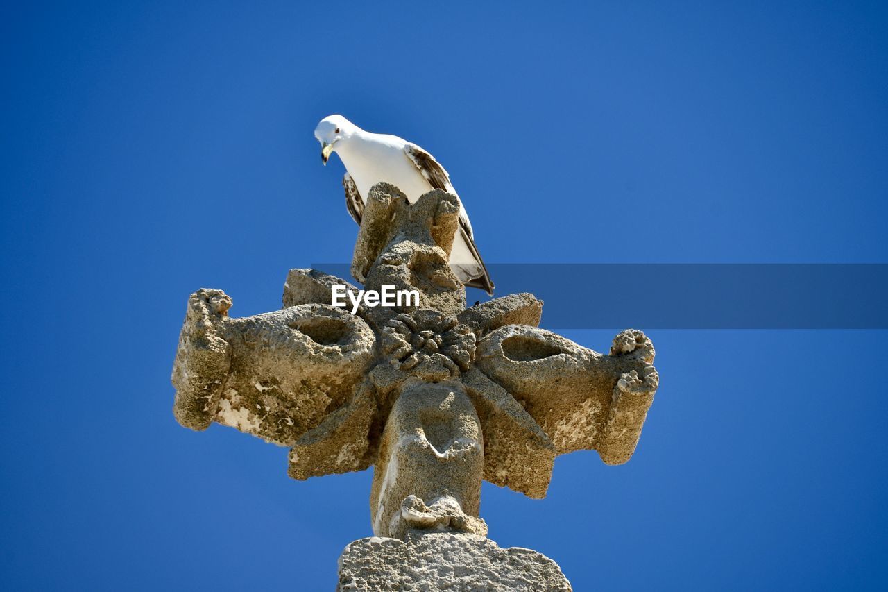 blue, sculpture, sky, clear sky, statue, cross, religion, belief, no people, spirituality, representation, nature, symbol, architecture, craft, monument, animal, history, day, the past, outdoors, crucifix, catholicism, human representation, angel