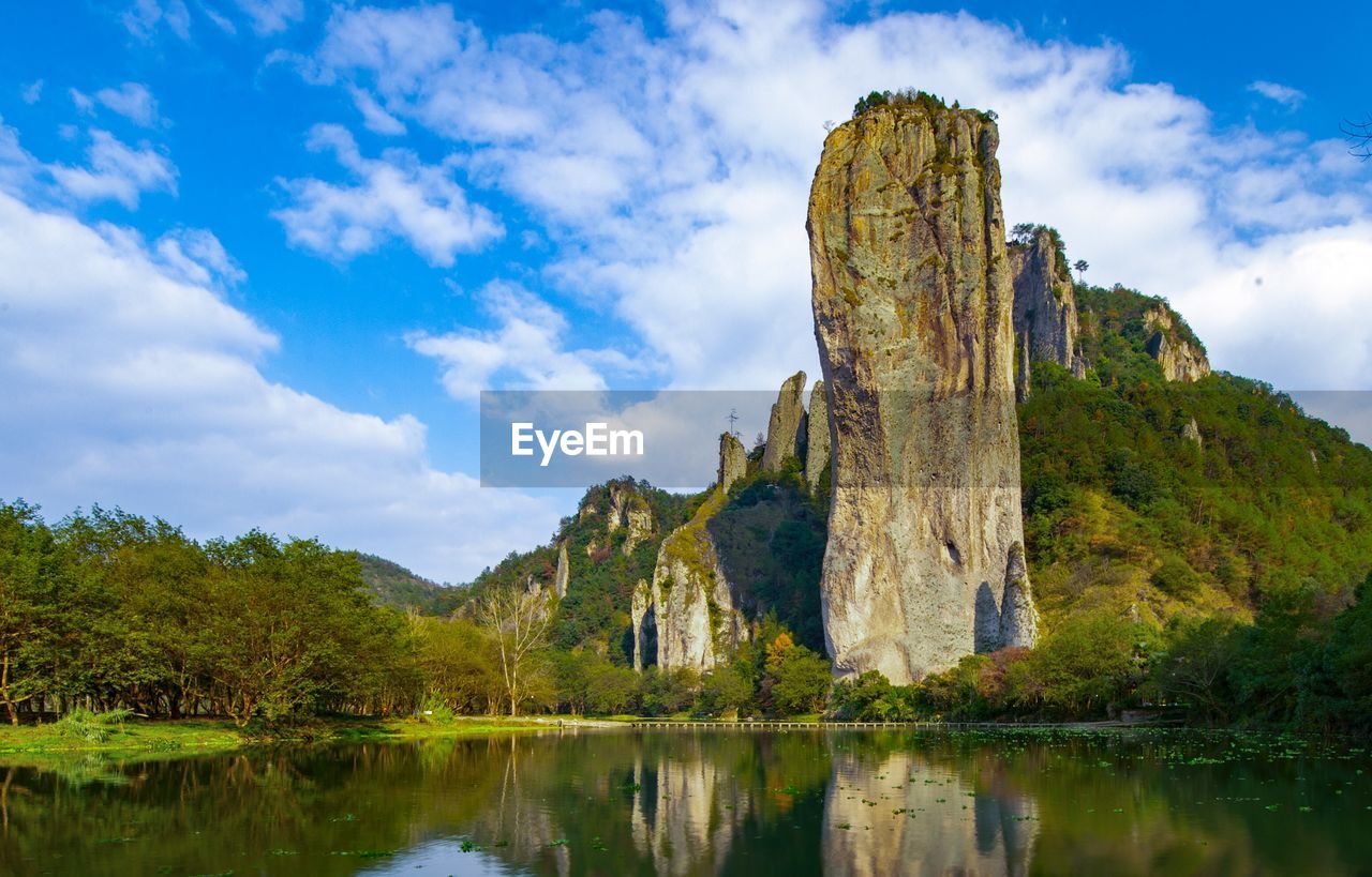 Scenic view of lake by rock formation against sky