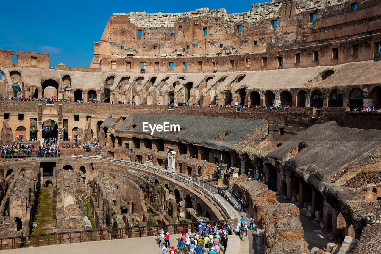 View of the interior of the roman colosseum showing the arena and the hypogeum in a beautiful day